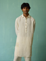 Briar Collared Border Linen Kurta Set - Ivory