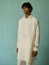 Briar Collared Border Linen Kurta Set - Ivory