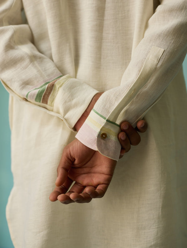 Briar Collar Border Linen Kurta - Ivory