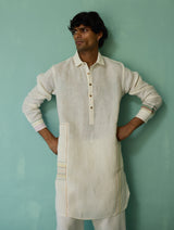 Briar Collared Border Linen Kurta Set - Ivory