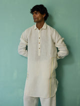 Briar Collared Border Linen Kurta Set - Ivory