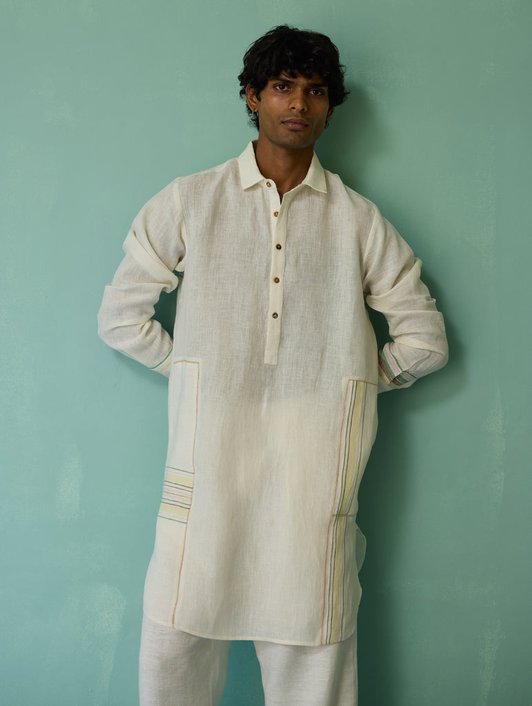 Briar Collared Border Linen Kurta Set - Ivory