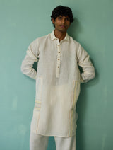 Briar Collared Border Linen Kurta Set - Ivory