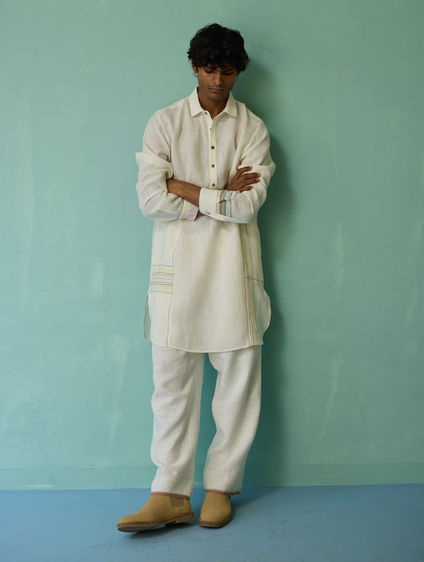 Briar Collared Border Linen Kurta Set - Ivory