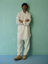 Briar Collared Border Linen Kurta Set - Ivory