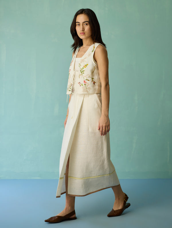 Eon Hand-Embroidered Floral Vest Co-ord Set - Ivory