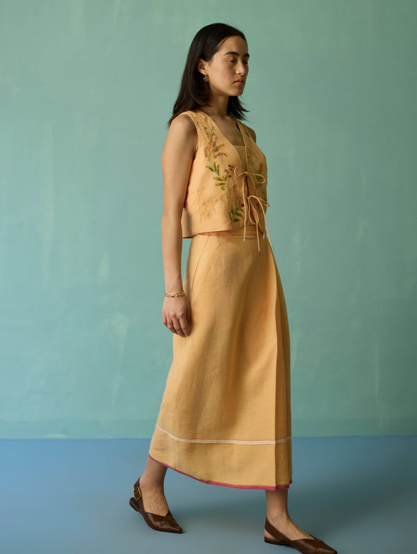 Eon Hand-Embroidered Floral Vest Co-ord Set - Apricot