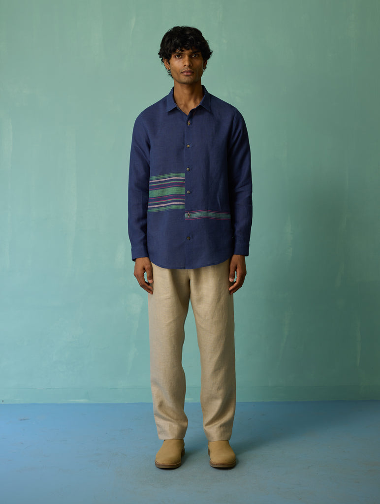 Daniel Border Stripe Linen Shirt - Indigo