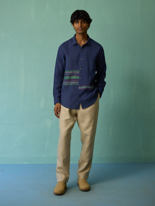 Daniel Border Stripe Linen Shirt - Indigo
