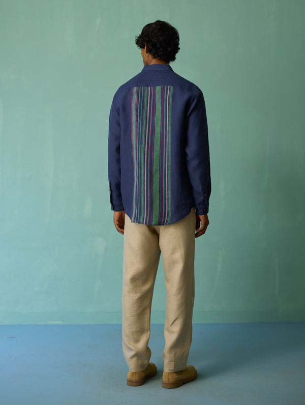 Daniel Border Stripe Linen Shirt - Indigo