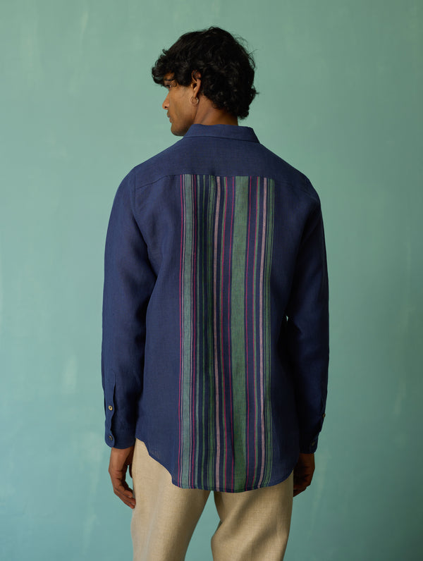 Daniel Border Stripe Linen Shirt - Indigo