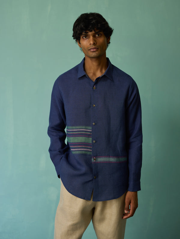 Daniel Border Stripe Linen Shirt - Indigo