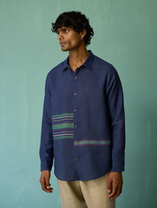 Daniel Border Stripe Linen Shirt - Indigo