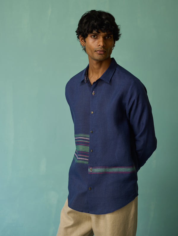 Daniel Border Stripe Linen Shirt - Indigo
