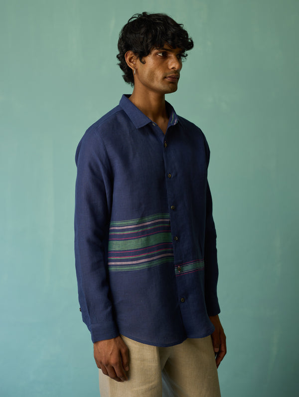 Daniel Border Stripe Linen Shirt - Indigo