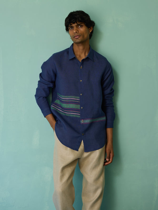 Daniel Border Stripe Linen Shirt - Indigo