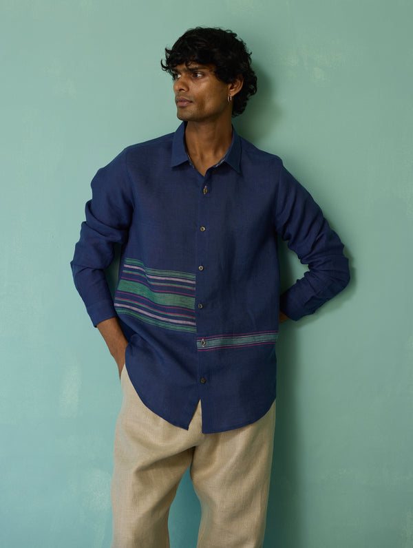Daniel Border Stripe Linen Shirt - Indigo