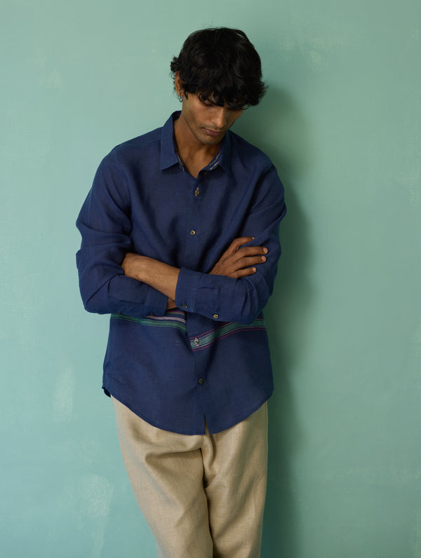 Daniel Border Stripe Linen Shirt - Indigo