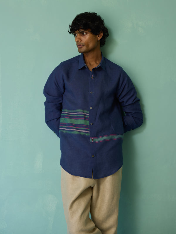 Daniel Border Stripe Linen Shirt - Indigo
