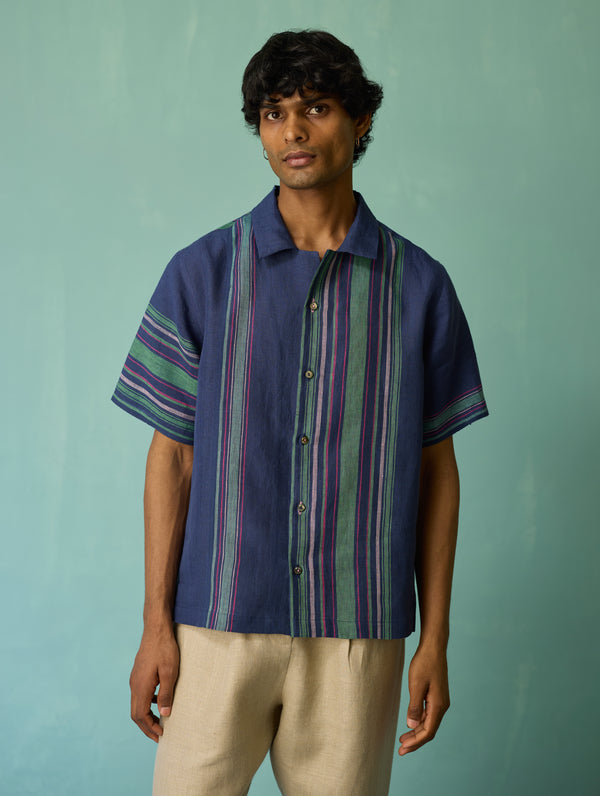 Heath Camp Collar Linen Shirt - Indigo
