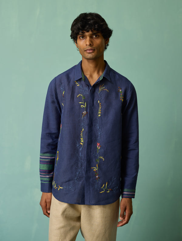Sid Hand-Embroidered Floral Shirt - Indigo