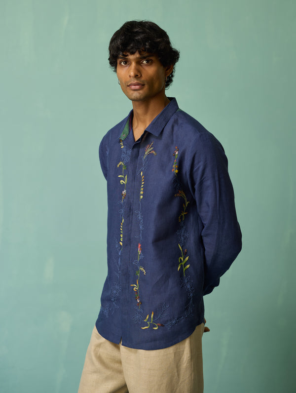Sid Hand-Embroidered Floral Shirt - Indigo