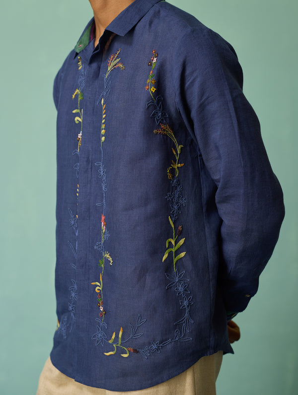 Sid Hand-Embroidered Floral Shirt - Indigo