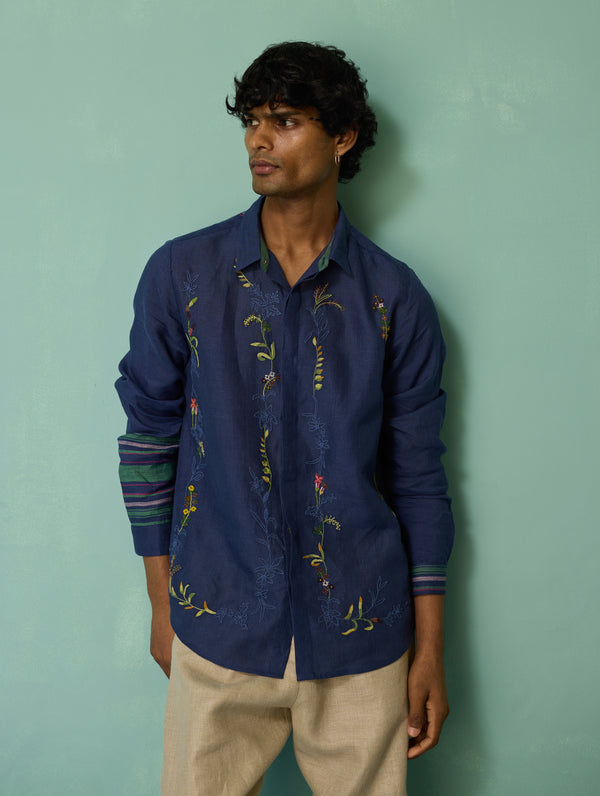 Sid Hand-Embroidered Floral Shirt - Indigo