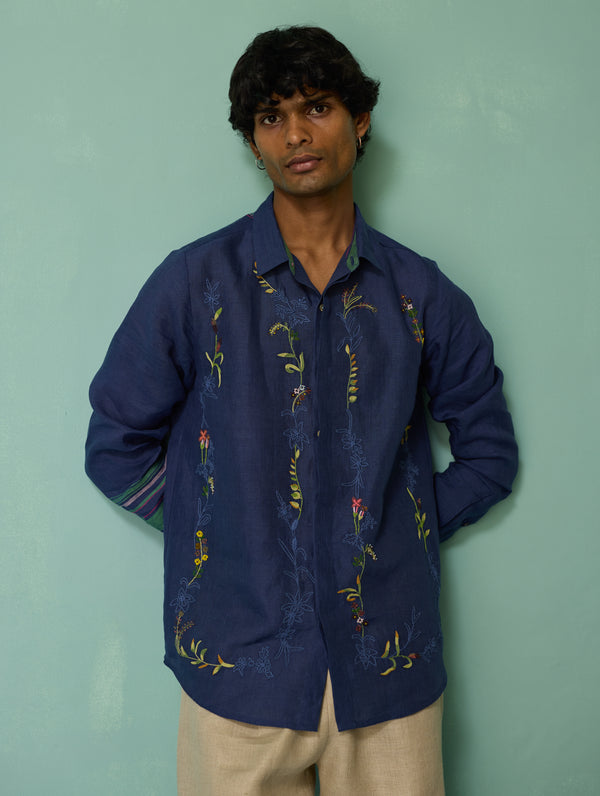 Sid Hand-Embroidered Floral Shirt - Indigo