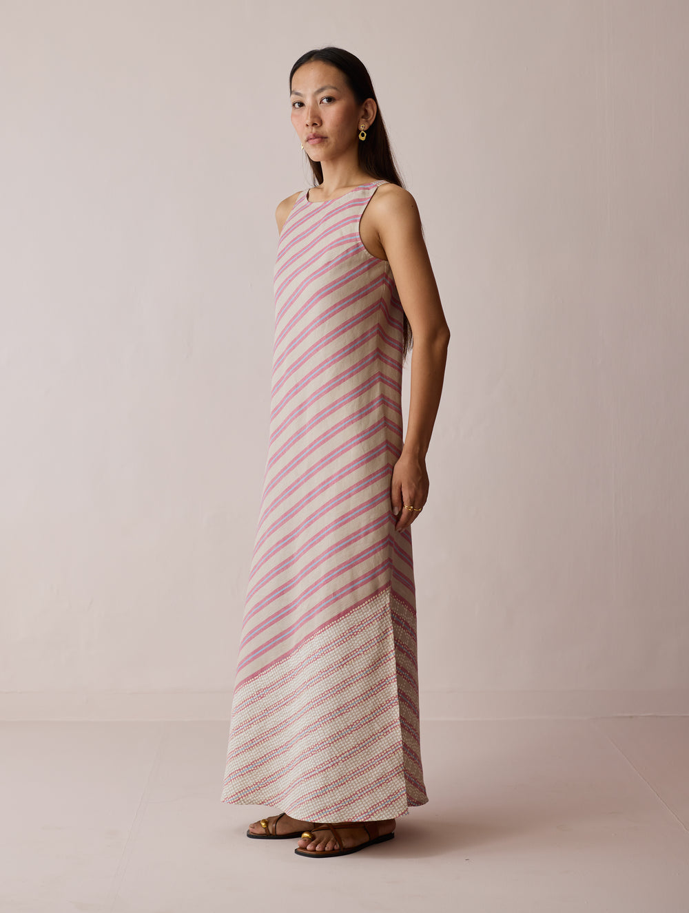 Orta Stripe Linen Bias Sleeveless Dress - Natural
