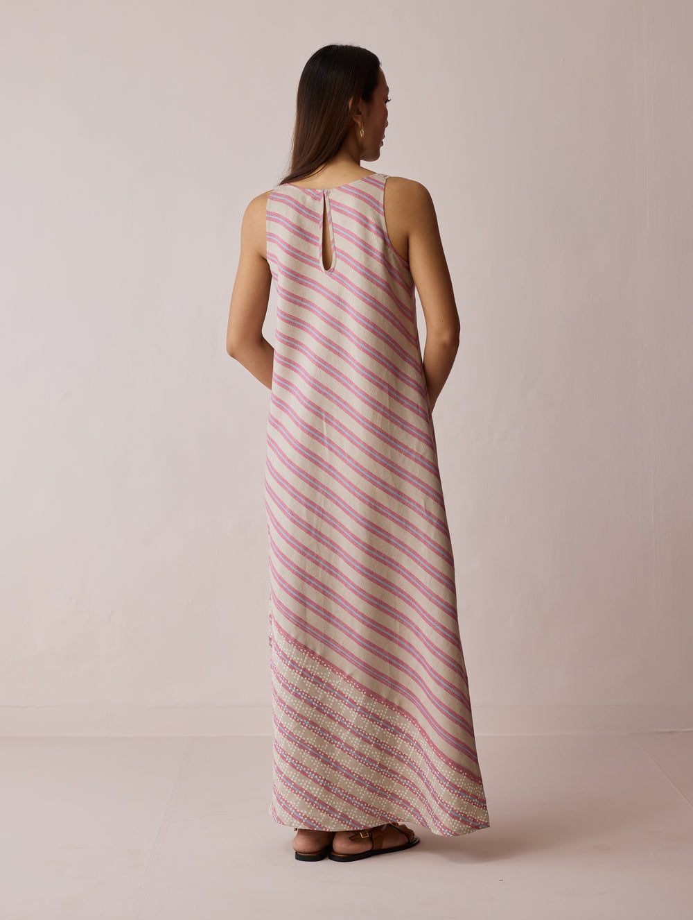 Orta Stripe Linen Bias Sleeveless Dress - Natural
