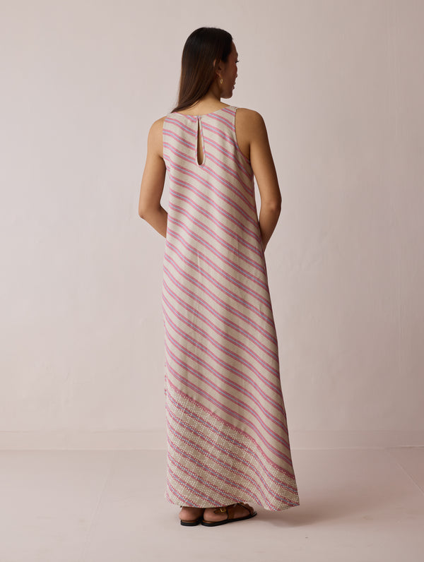 Orta Stripe Linen Bias Sleeveless Dress - Natural