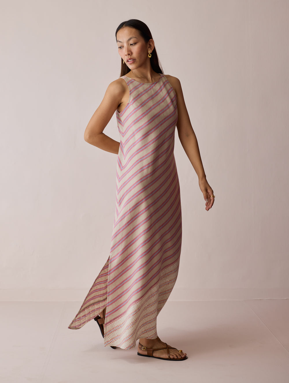 Orta Stripe Linen Bias Sleeveless Dress - Natural