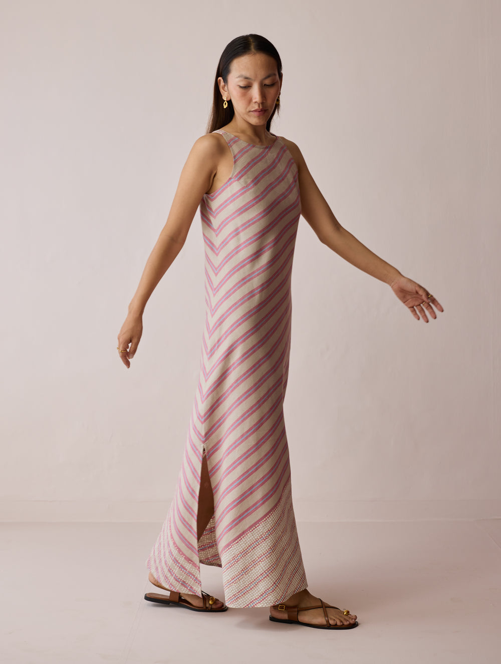 Orta Stripe Linen Bias Sleeveless Dress - Natural