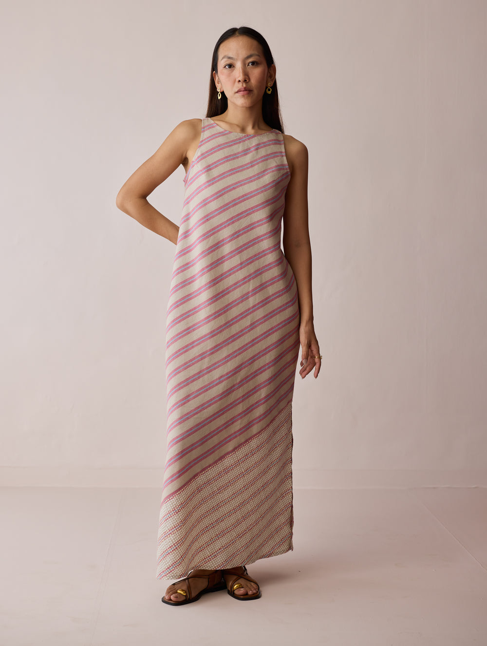 Orta Stripe Linen Bias Sleeveless Dress - Natural