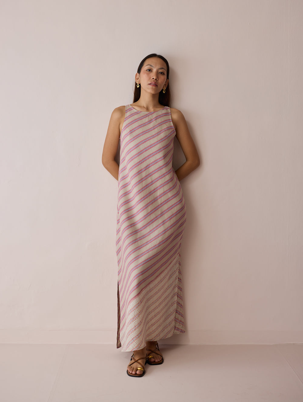 Orta Stripe Linen Bias Sleeveless Dress - Natural