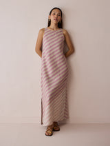 Orta Stripe Linen Bias Sleeveless Dress - Natural