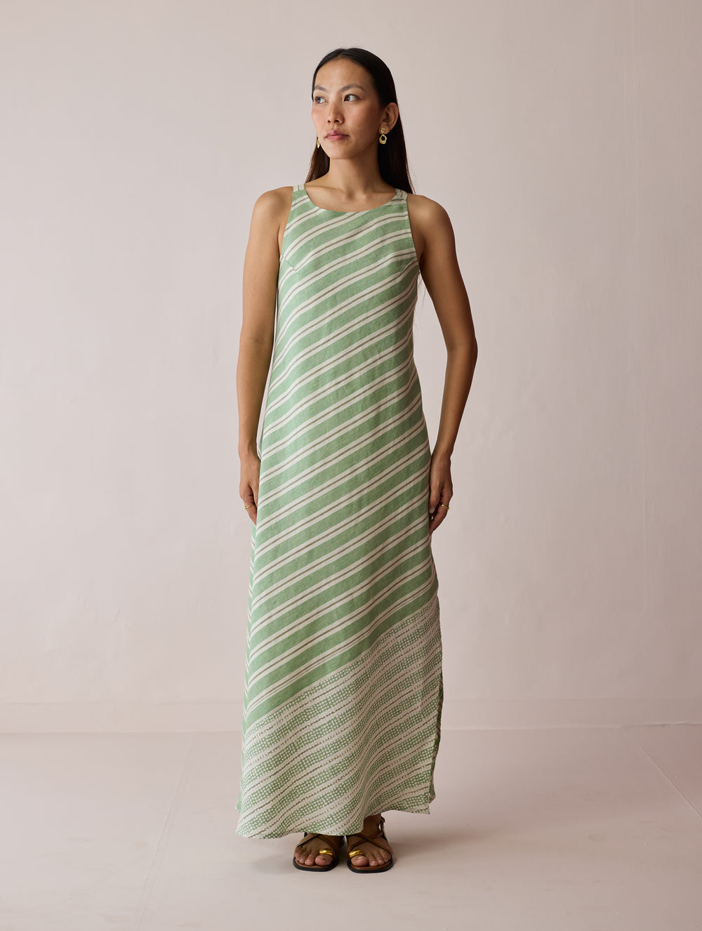 Orta Stripe Linen Bias Sleeveless Dress - Fern