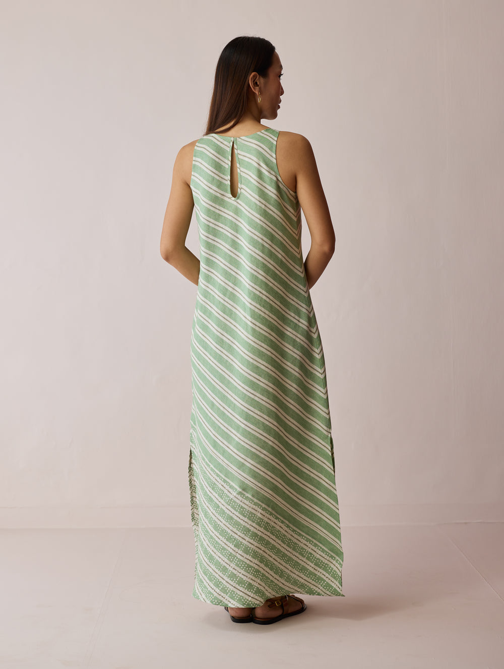 Orta Stripe Linen Bias Sleeveless Dress - Fern