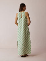 Orta Stripe Linen Bias Sleeveless Dress - Fern