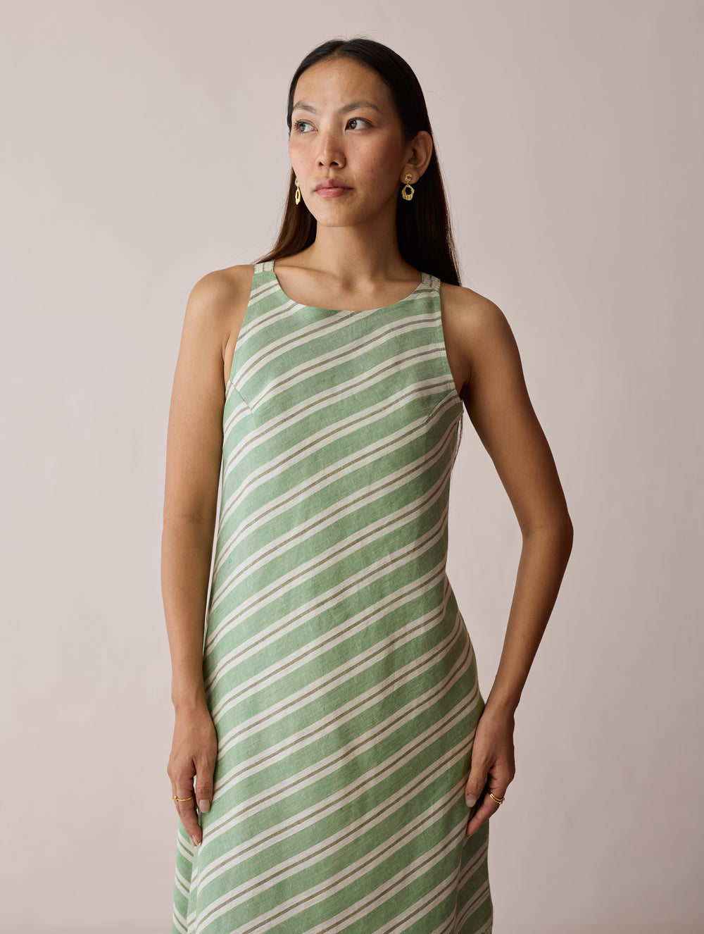 Orta Stripe Linen Bias Sleeveless Dress - Fern