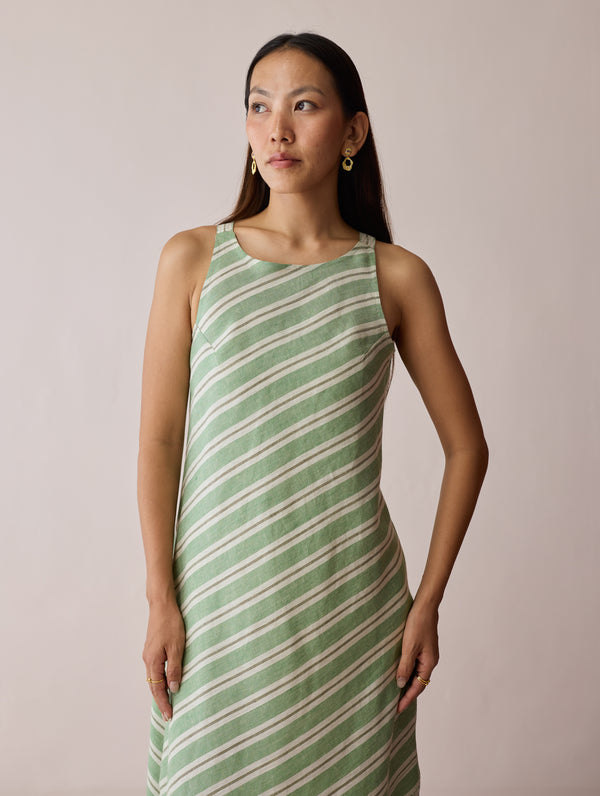 Orta Stripe Linen Bias Sleeveless Dress - Fern