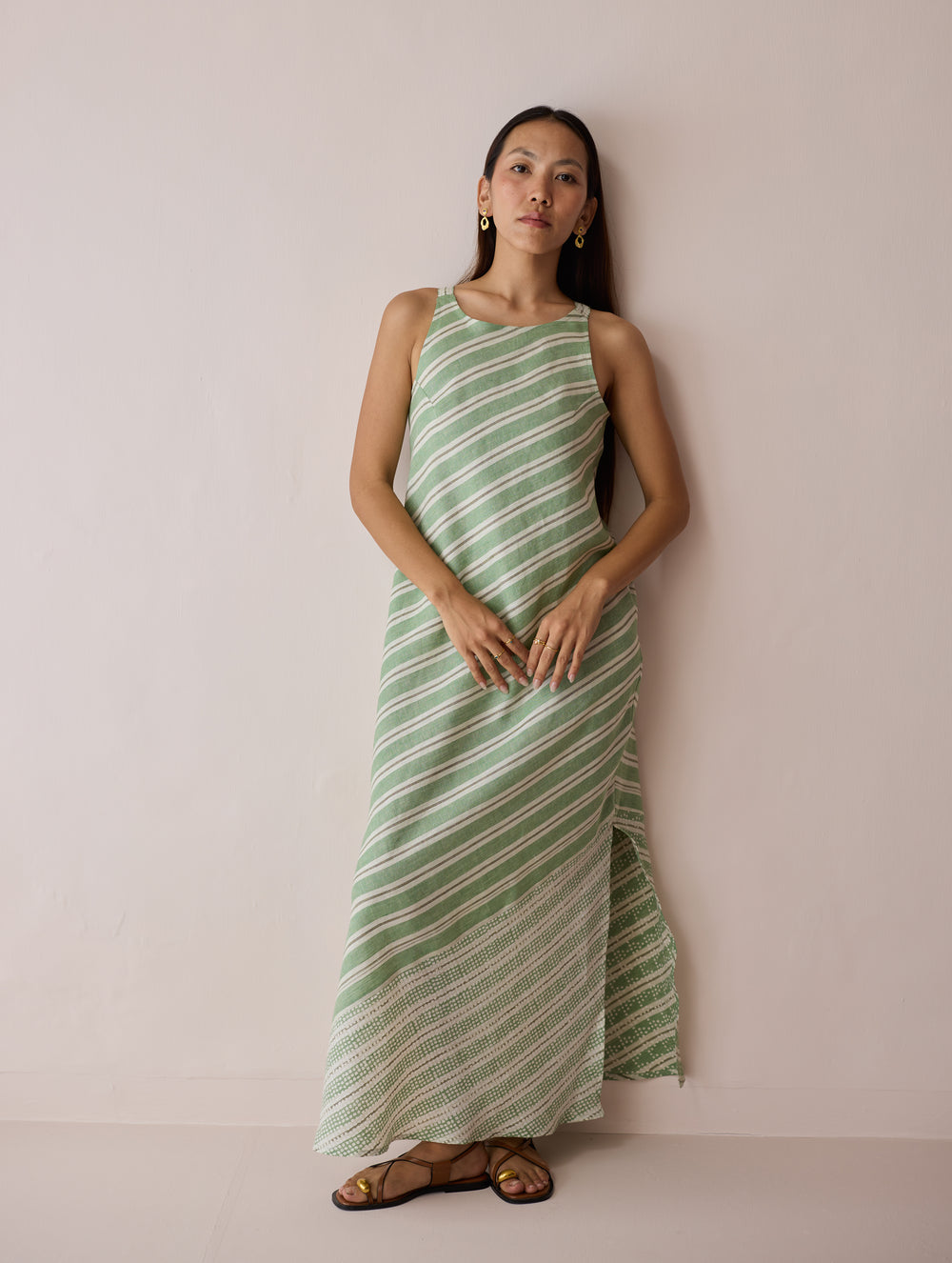 Orta Stripe Linen Bias Sleeveless Dress - Fern