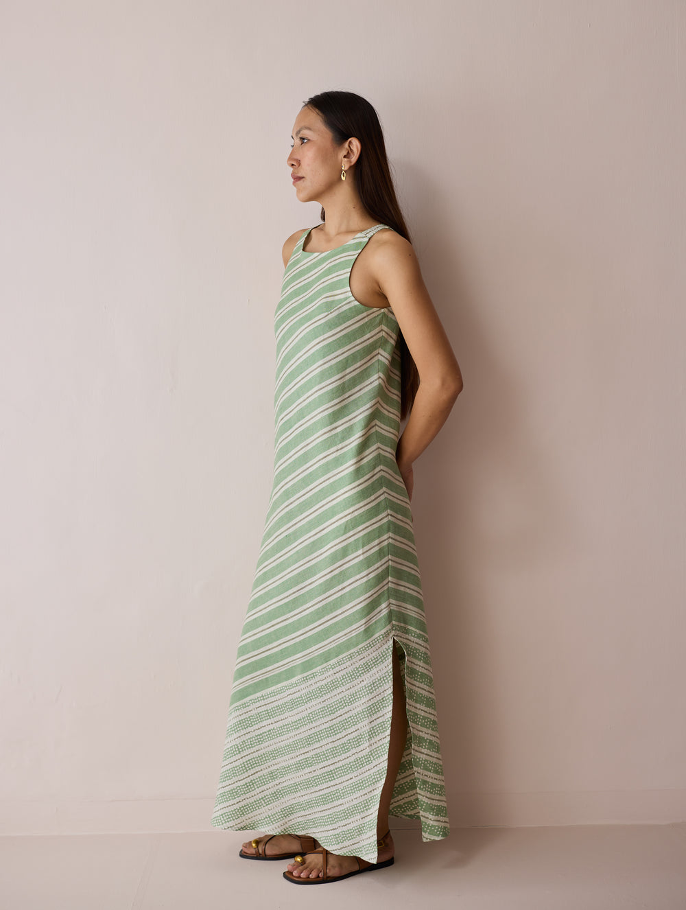 Orta Stripe Linen Bias Sleeveless Dress - Fern