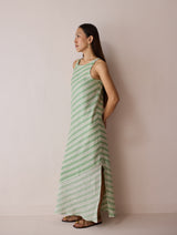 Orta Stripe Linen Bias Sleeveless Dress - Fern
