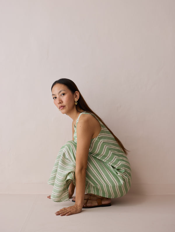 Orta Stripe Linen Bias Sleeveless Dress - Fern