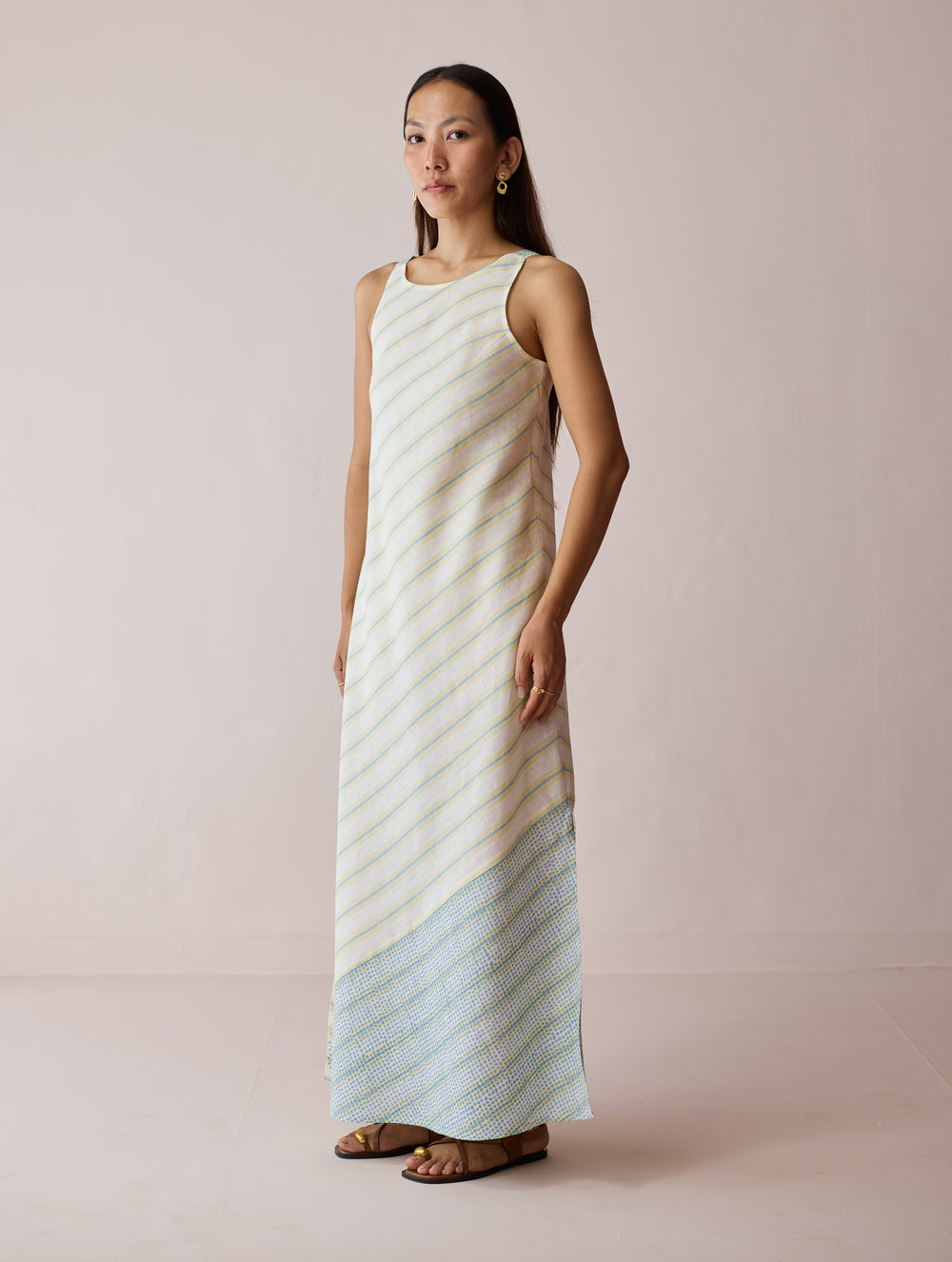Orta Stripe Linen Bias Sleeveless Dress - Ivory