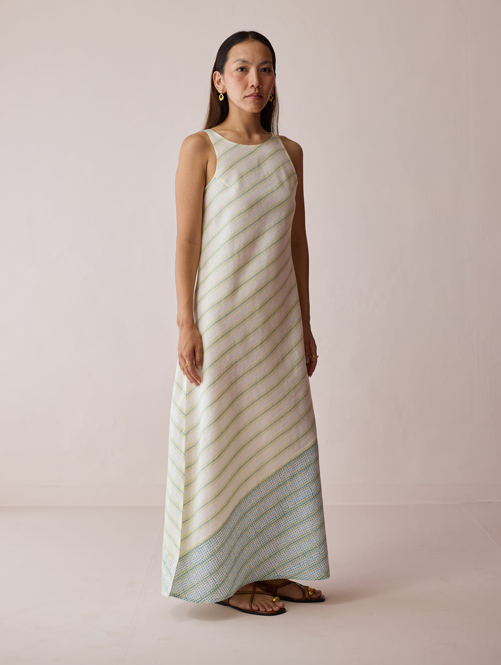 Orta Stripe Linen Bias Sleeveless Dress - Ivory