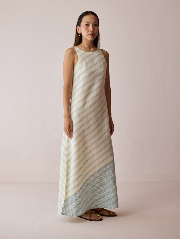 Orta Stripe Linen Bias Sleeveless Dress - Ivory