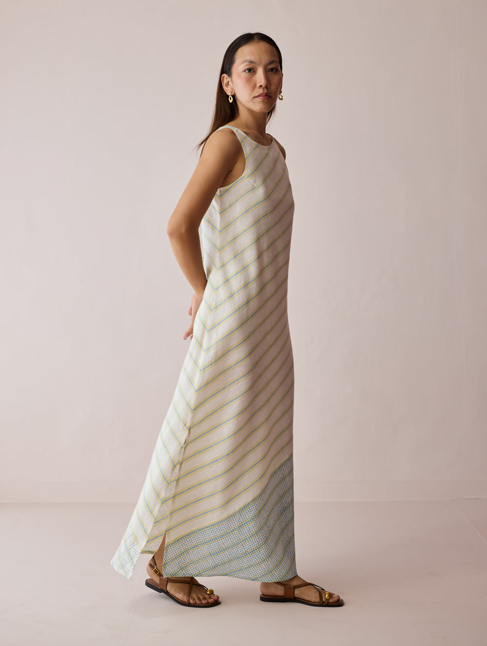 Orta Stripe Linen Bias Sleeveless Dress - Ivory